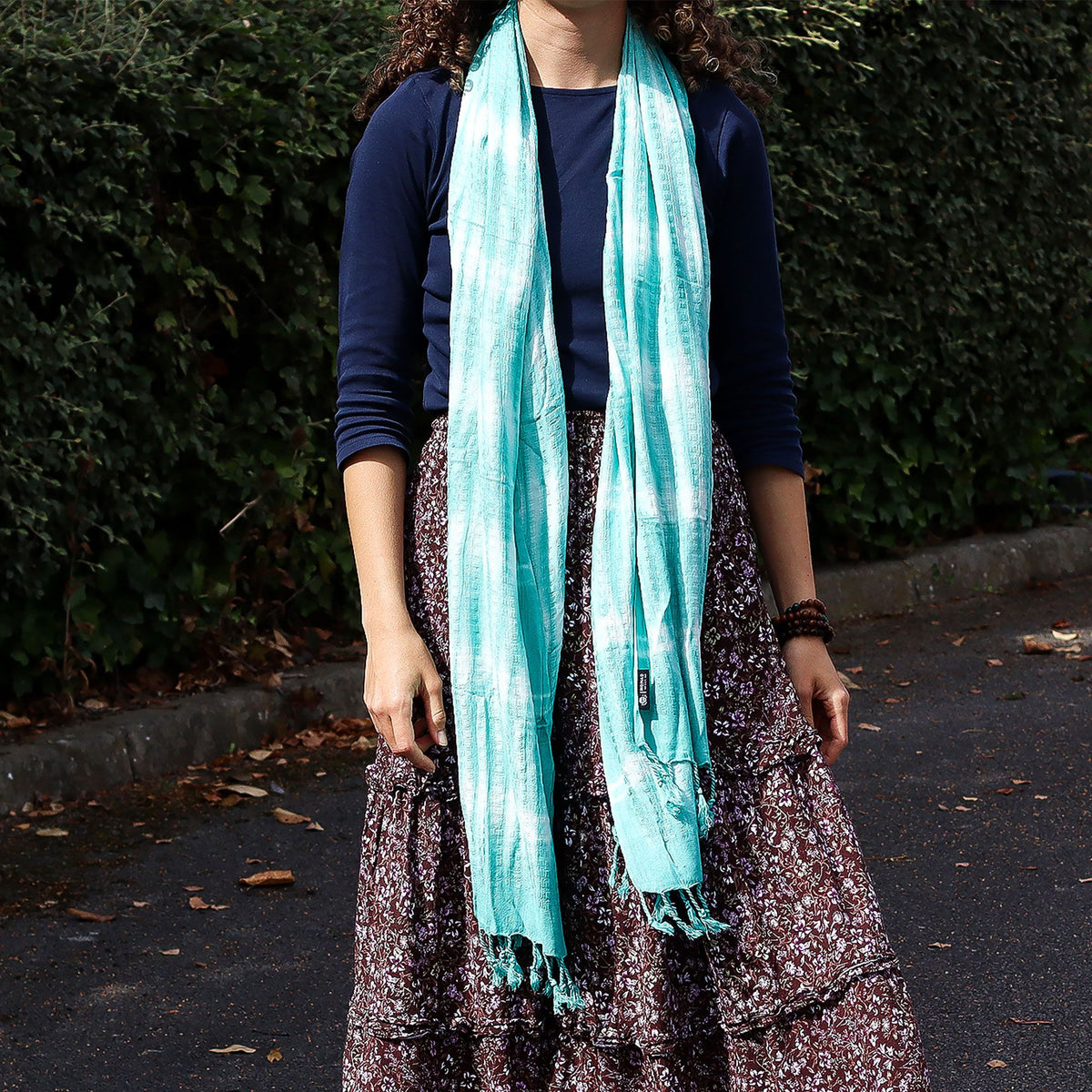 Boho Java Art Stole/Scarf - Teal Stripes & Motiff - 62x200cm