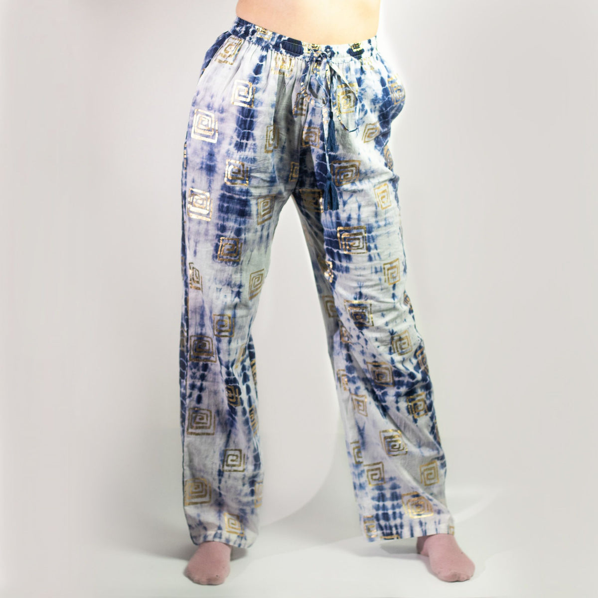 (ML) Nomad Sari On the Med Collection - Lounge Pants - Gold & Blue Greek Motiff - Handpainted