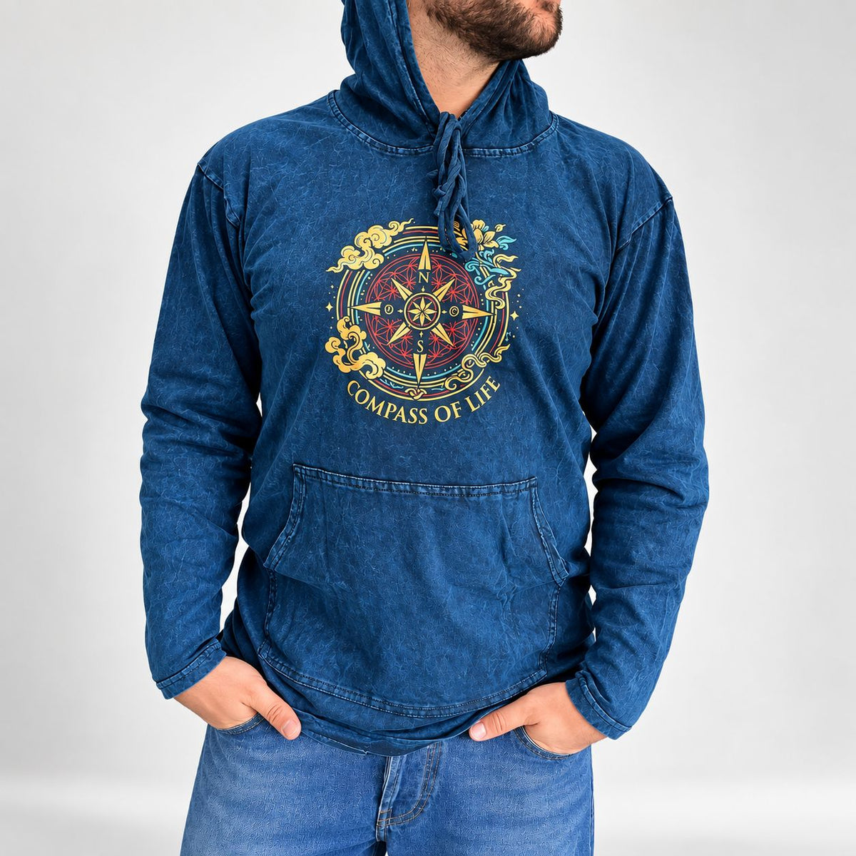 Large Stone Washed Hoody Shirt Kangaroo Pocket - Blue Compass of Life