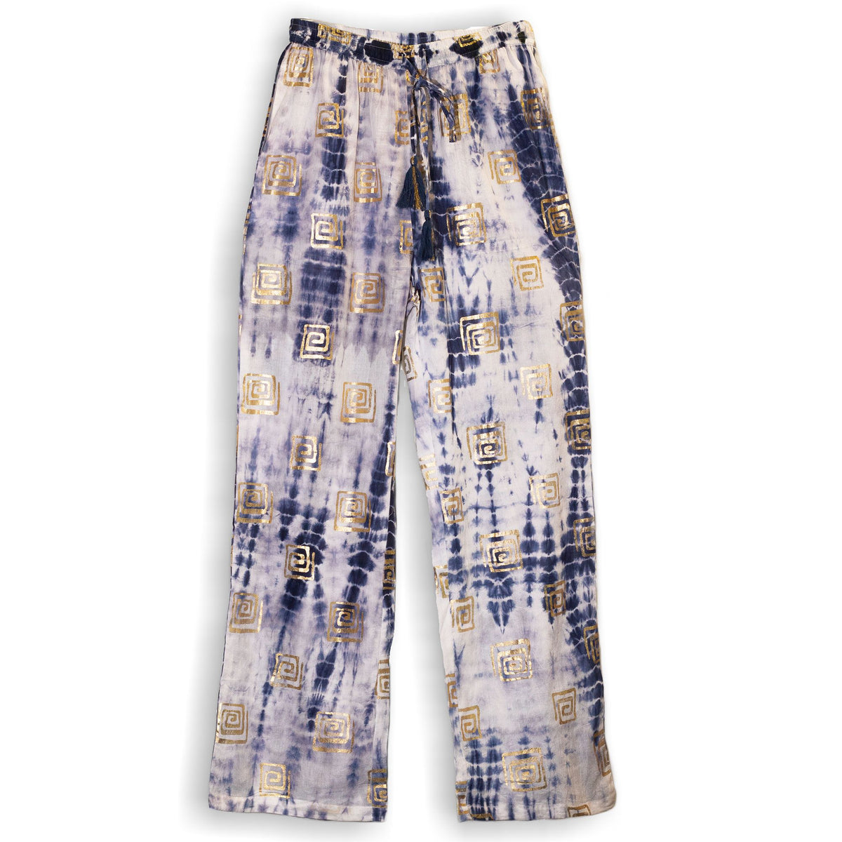 (LXL) Nomad Sari On the Med Collection - Lounge Pants - Gold & Blue Greek Motiff - Handpainted