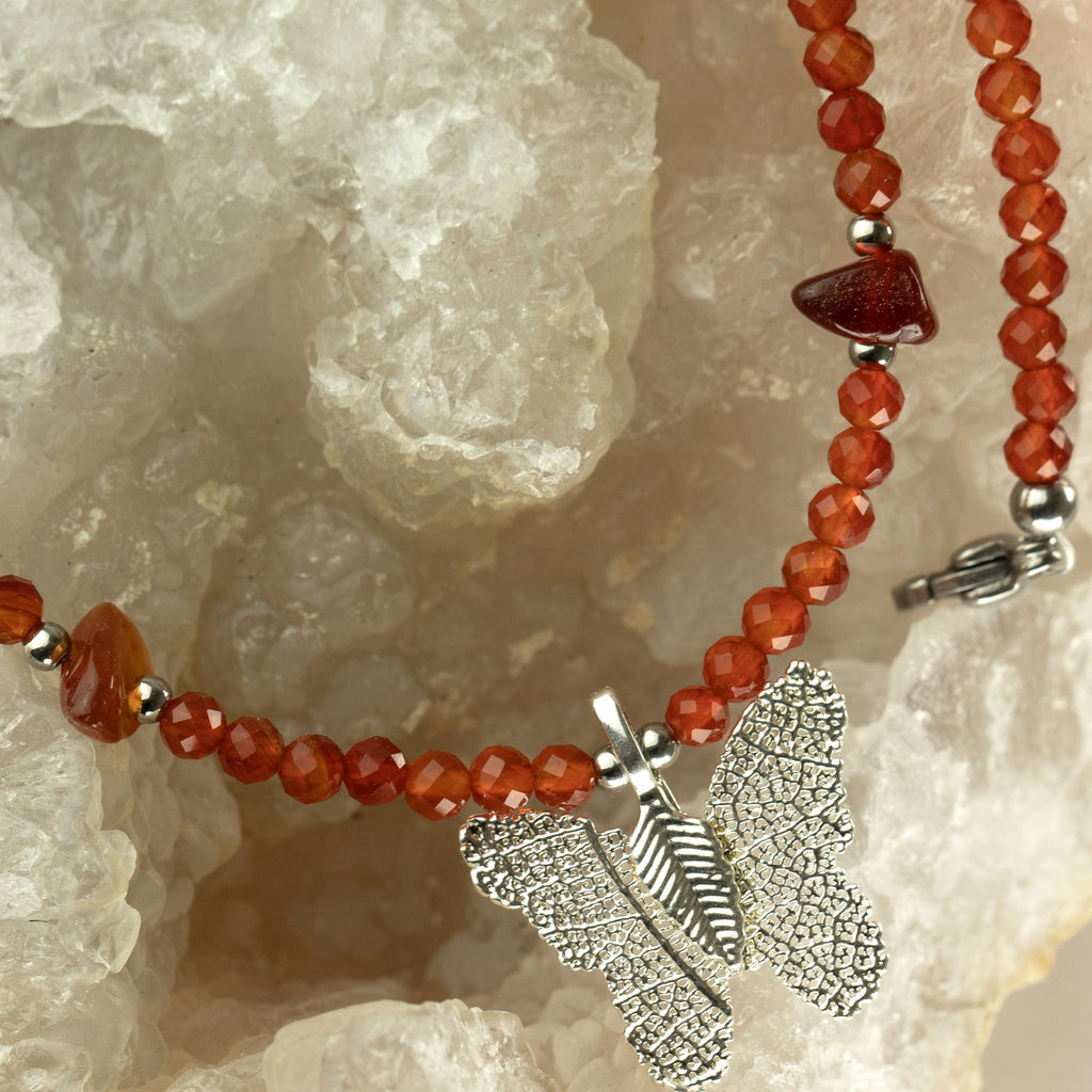 Nymph Ruby Gemstone Necklace with Real Leaf Butterfly Pendant