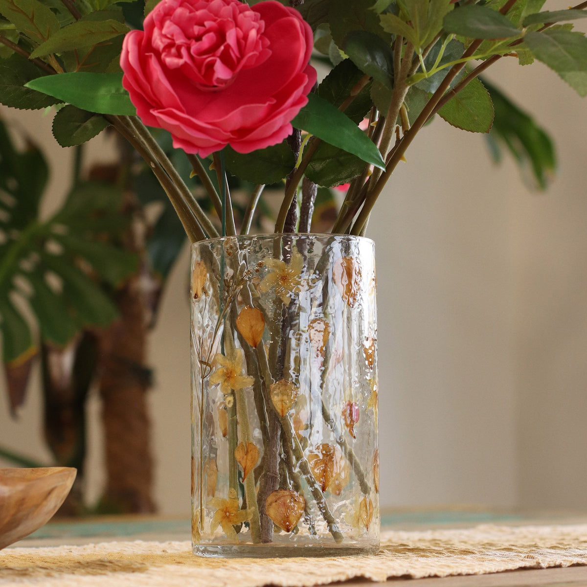Natural Floral Glass - Tall Vase Candle Holder - Rose - (19x11cm)