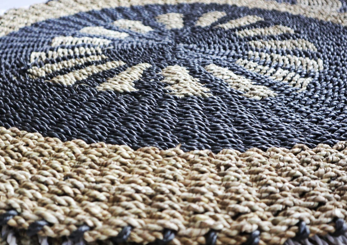 Round Seagrass Rug, Black & Tan, Inner Sun, 1m