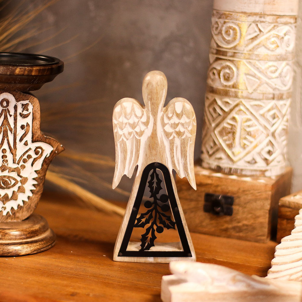 Mango Wood Angel - Whitewash with Iron Decor Cut Out