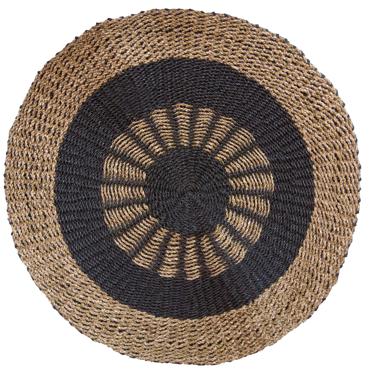 Round Seagrass Rug, Black & Tan, Inner Sun, 1m