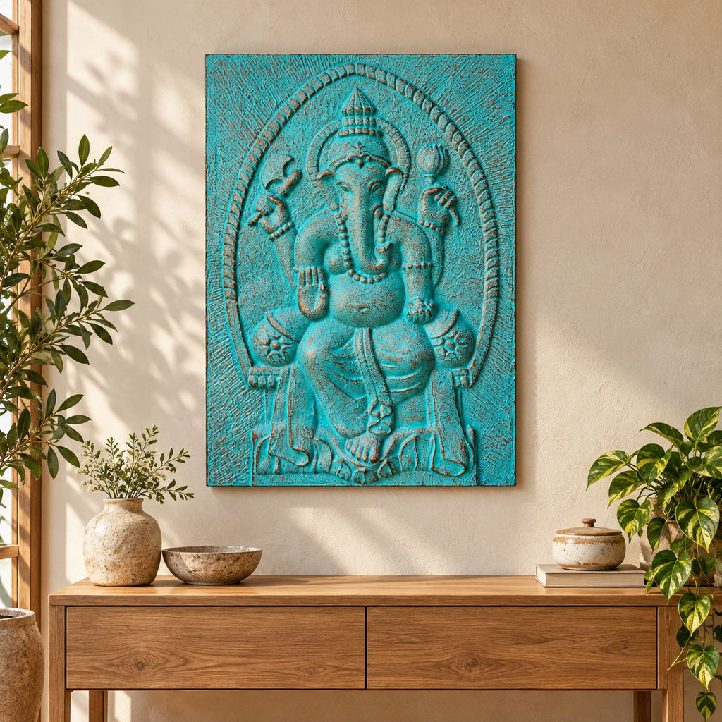 Large Ganpati Iron Frame Turquoise Relief - 0.7x1m