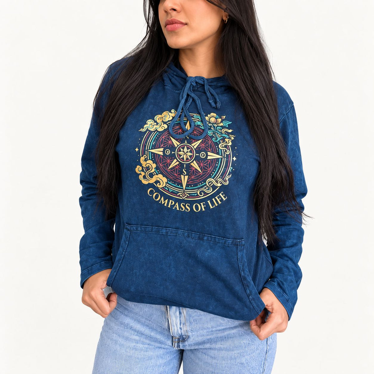 XLarge Stone Washed Hoody Shirt Kangaroo Pocket - Blue Compass of Life