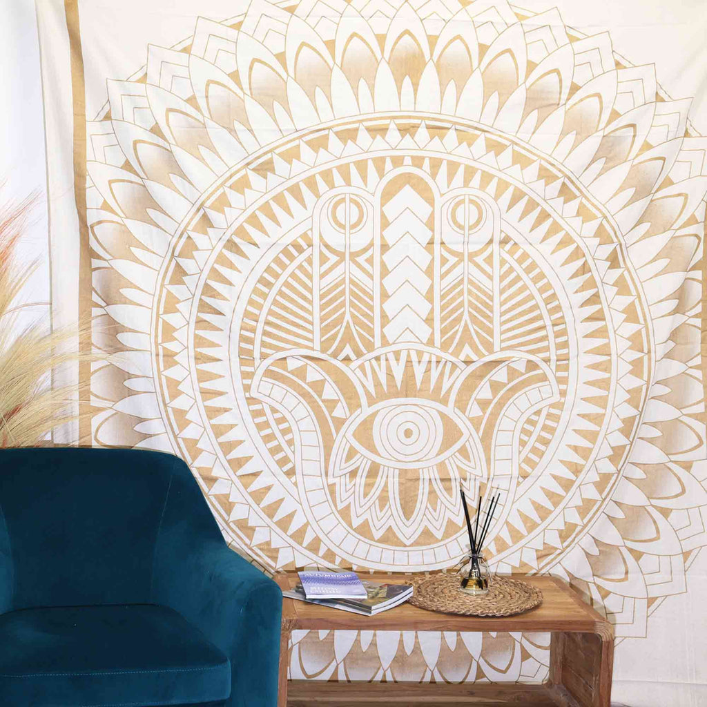 Double Cotton Bedspread + Wall Hanging - Hamsa - White Gold