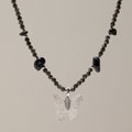 Nymph Black Obsidian Gemstone Necklace with Real Leaf Butterfly Pendant