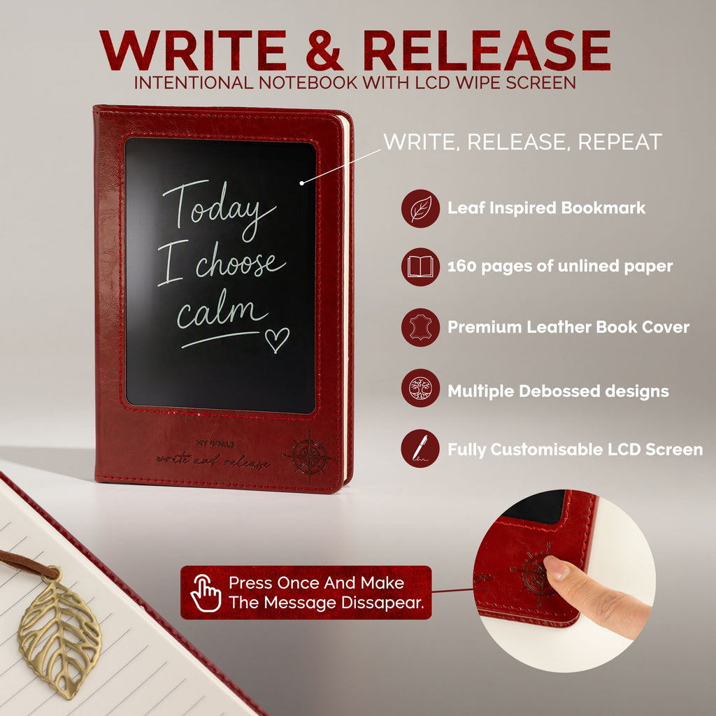 A5 Intention Note Book - LCD Wipe Screen - Red Leather Effect - 160 Pages