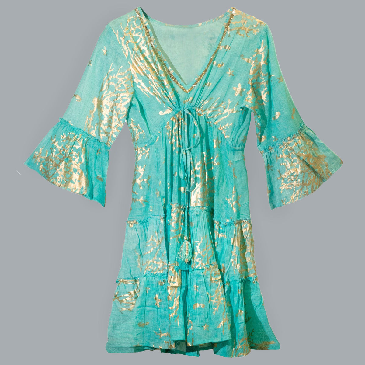 (LXL) Nomad Sari On the Med Collection - Dress - Turquoise & Gold Coral Design