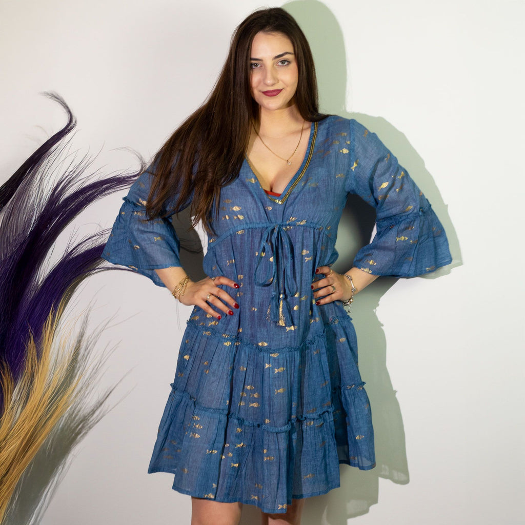 (LXL) Nomad Sari On the Med Collection - Dress - Sea Blue & Gold Fish Design
