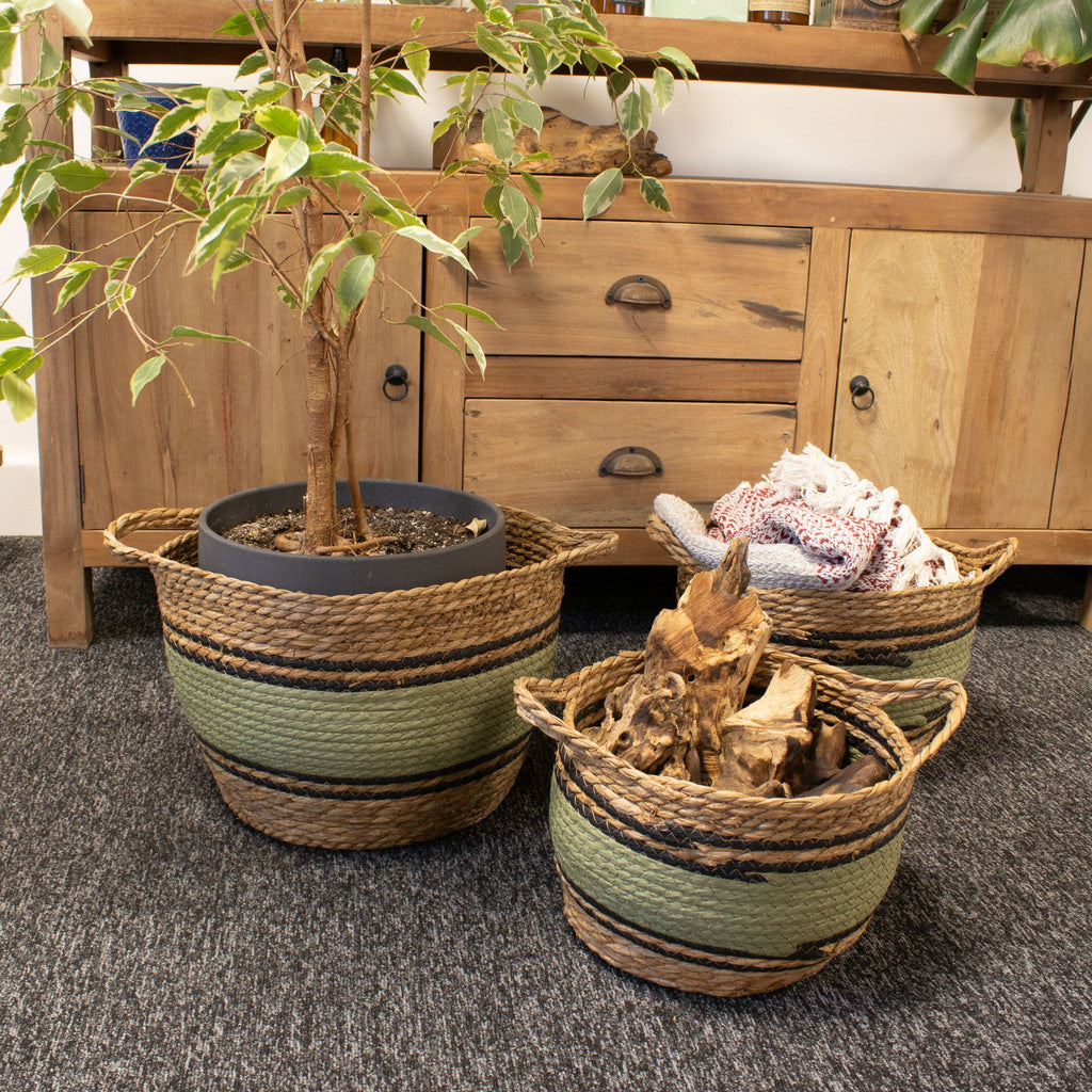 Cotton & Seagrass Large Baskets - Natural Black & Green- Set of 3