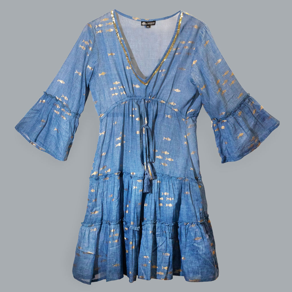 (LXL) Nomad Sari On the Med Collection - Dress - Sea Blue & Gold Fish Design