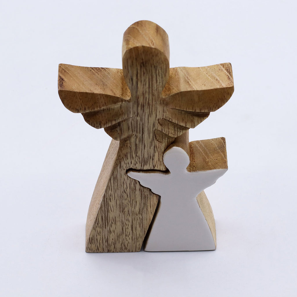 Mango Wood Angel in Angel - White Enamel