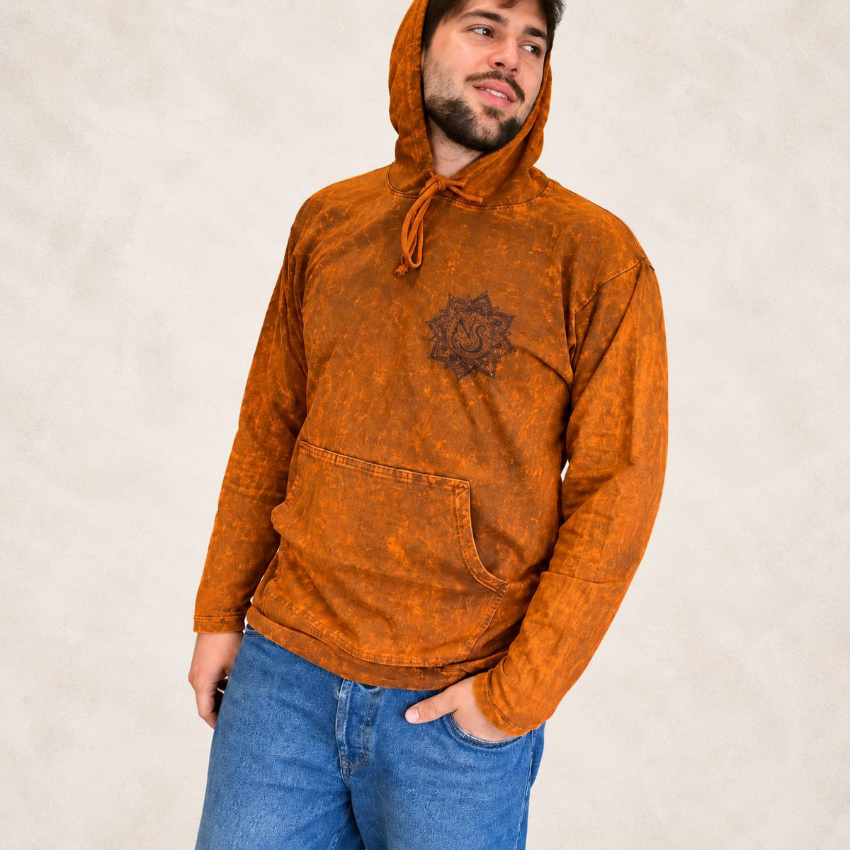 Med Stone Washed Hoody Shirt Kangaroo Pocket - Burnt Orange