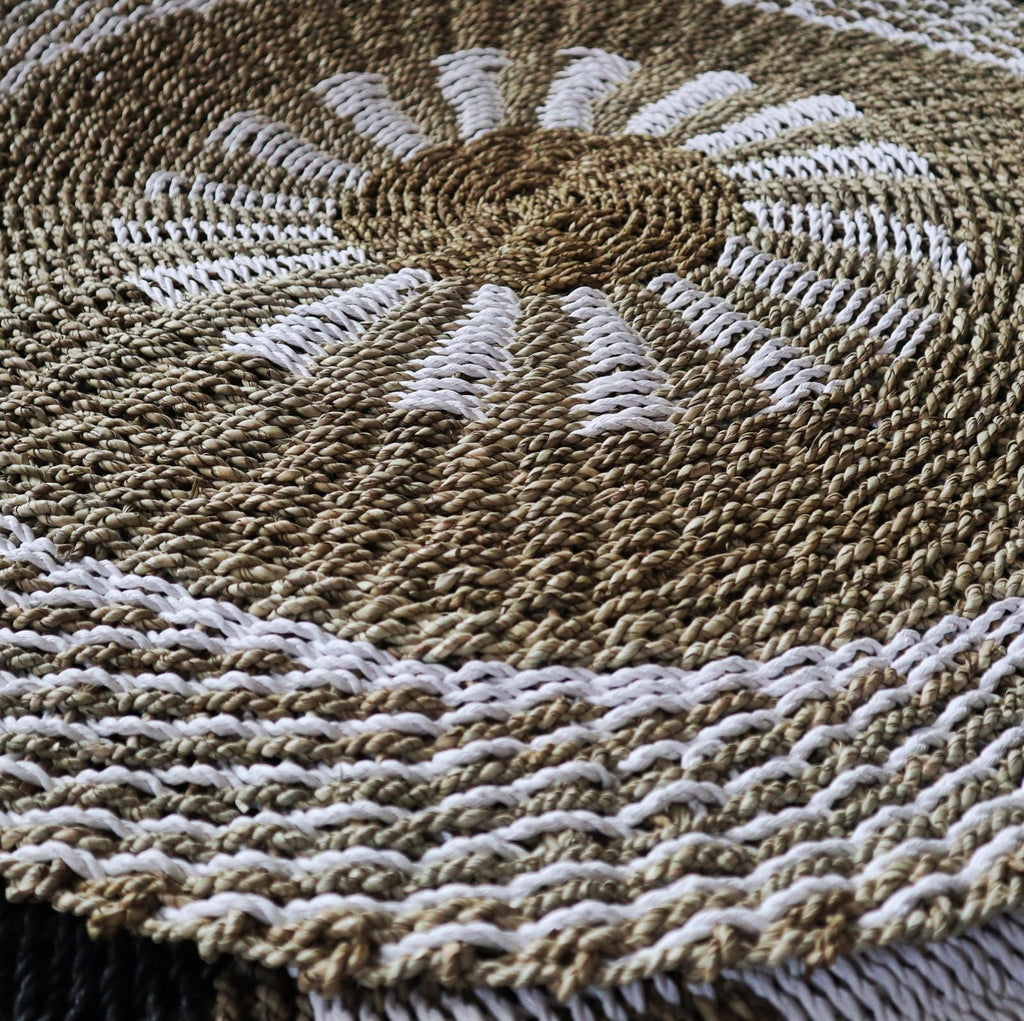 Inner Sun Round Seagrass Rug, White & Tan, 1m