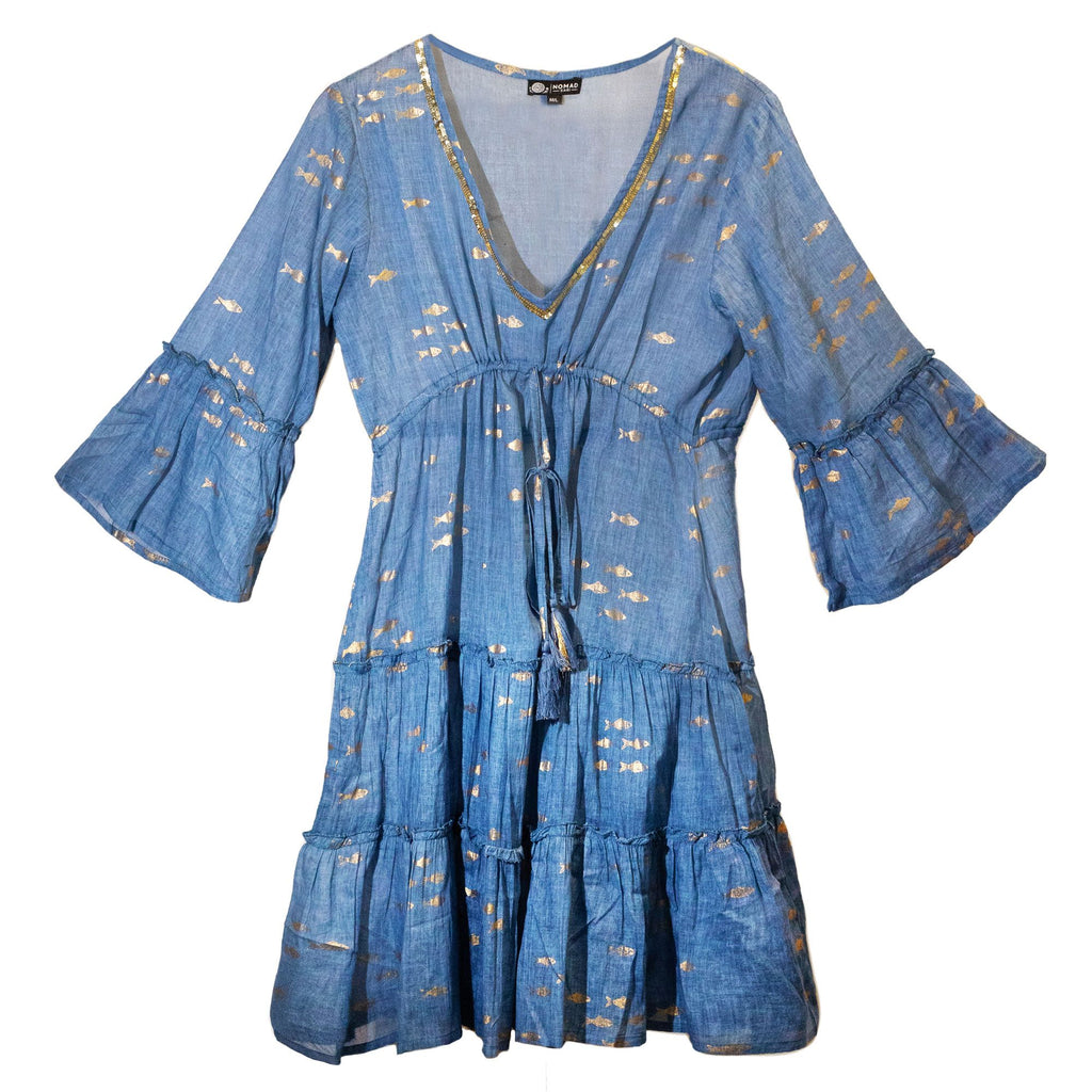 (LXL) Nomad Sari On the Med Collection - Dress - Sea Blue & Gold Fish Design
