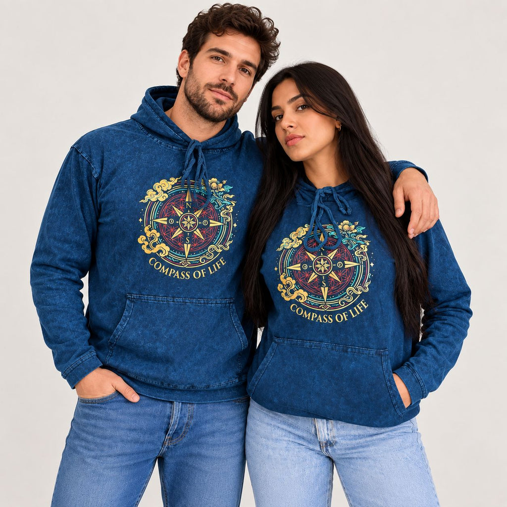 Large Stone Washed Hoody Shirt Kangaroo Pocket - Blue Compass of Life