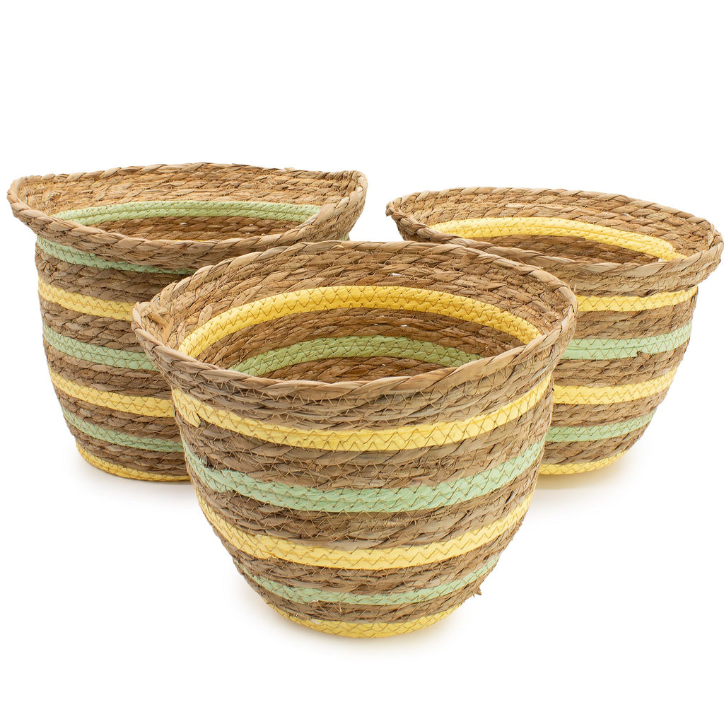 Seagrass & Straw Vase Shaped Baskets  - Natural Yellow & Green - Set of 3