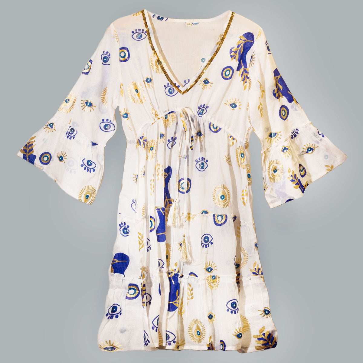 (LXL) Nomad Sari On the Med Collection - Dress -  White , Blue & Gold Evil Eye Design