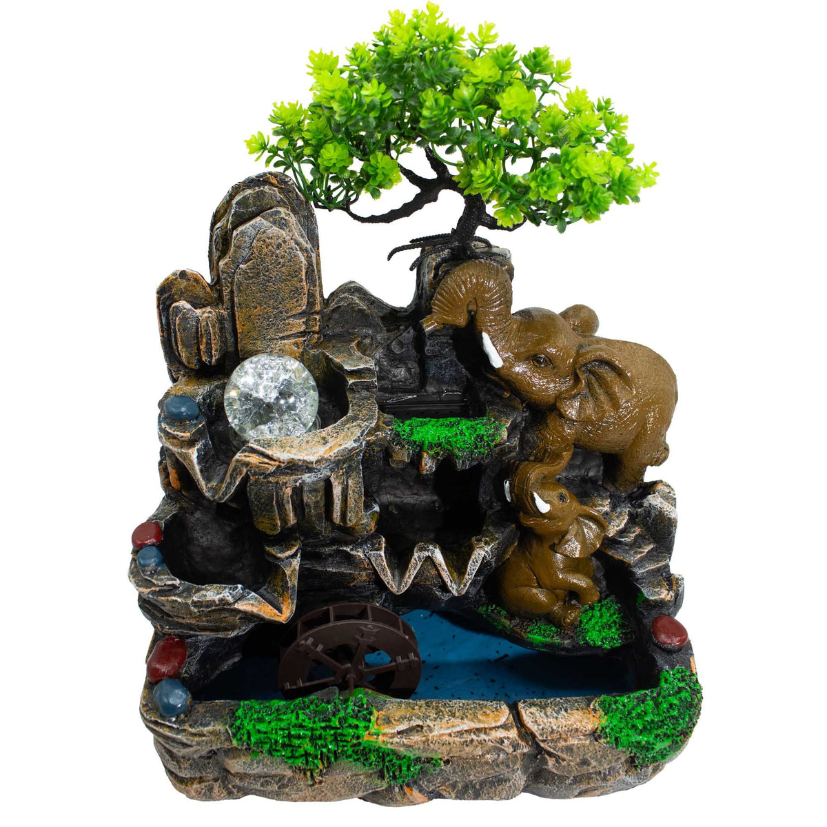 Elephants in Love Tabletop Water Feature with Crystal Ball, Light & Watermill (30x20x35cm)