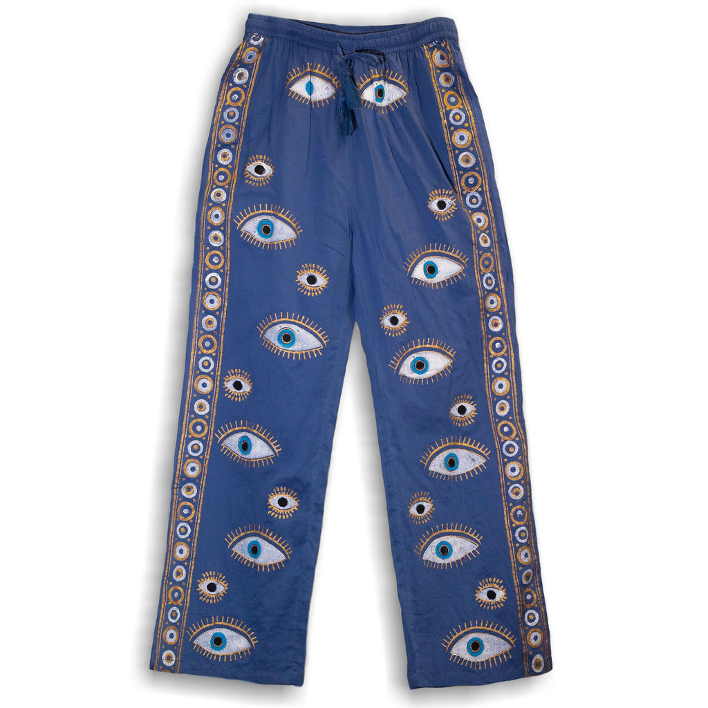 (LXL) Nomad Sari On the Med Collection - Lounge Pants - Rich Blue & Gold Hand Painted Evil Eye Design