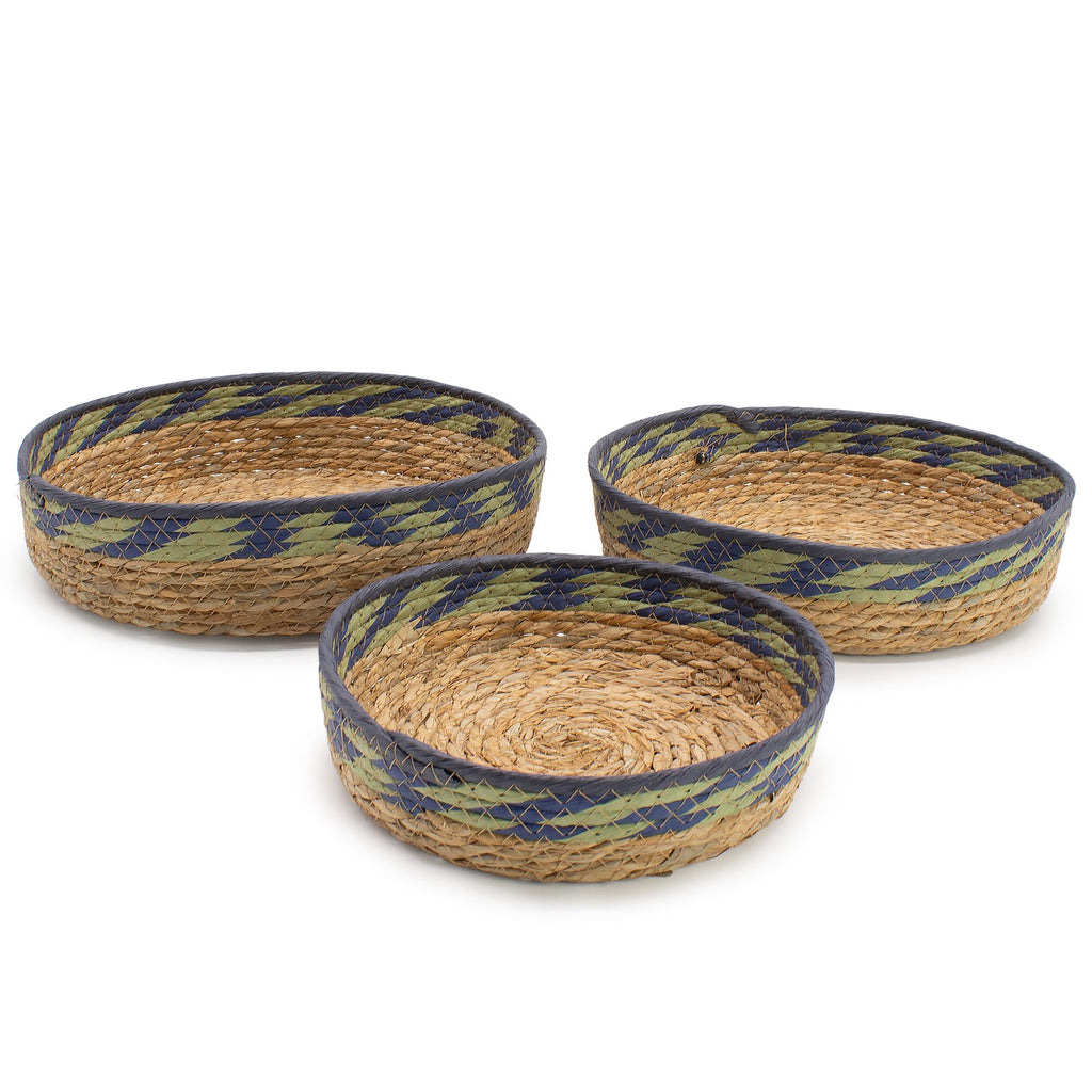 Straw & Seagrass Tray Baskets - Natural Green & Blue- Set of 3