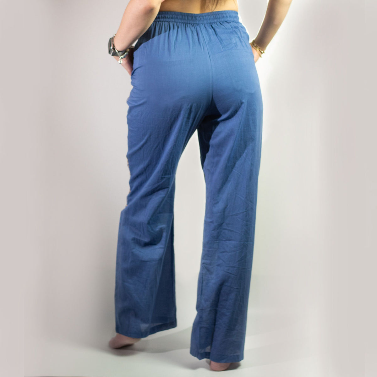 (LXL) Nomad Sari On the Med Collection - Lounge Pants - Rich Blue & Gold Hand Painted Evil Eye Design