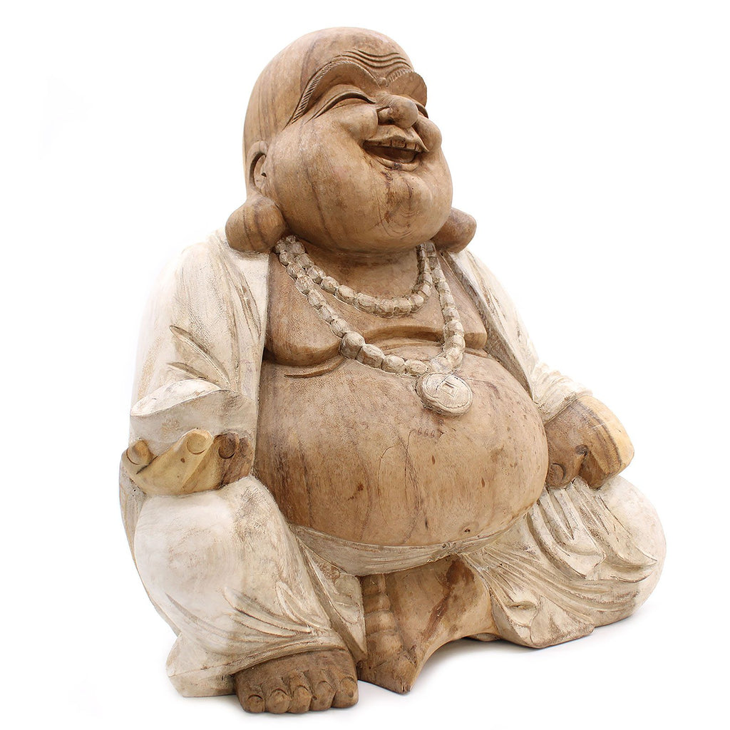 Hand Carved Buddha Statue - 50cm Happy - Whitewash