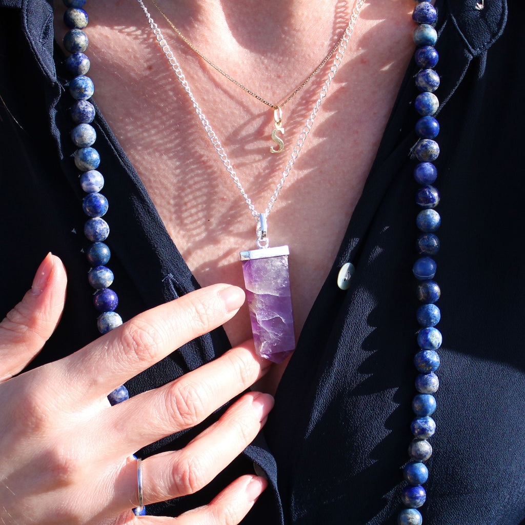 Black Agate Flat Pencil Pendant Necklace