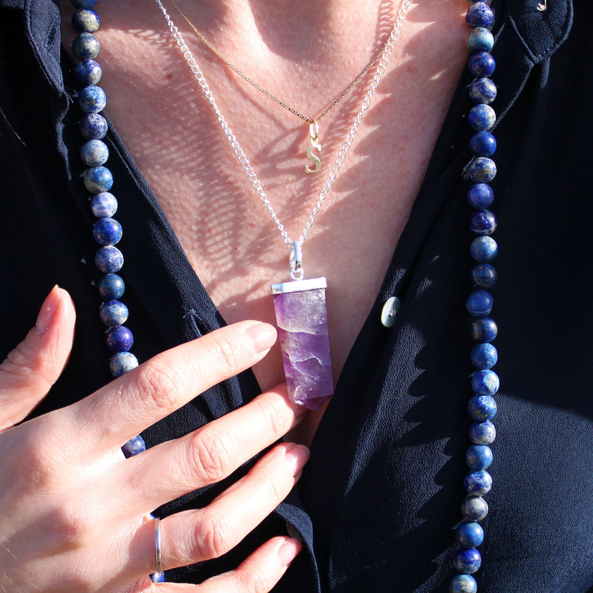 Black Agate Flat Pencil Pendant Necklace