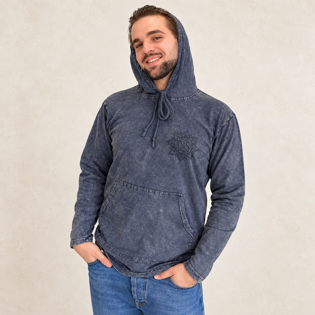 Med Stone Washed Hoody Shirt Kangaroo Pocket -Dusty Lavender